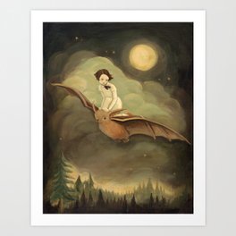 Flying By Night Kunstdrucke | Night, Moon, Gothic, Bat, Painting, Surreal, Vintage, Girl, Curated 