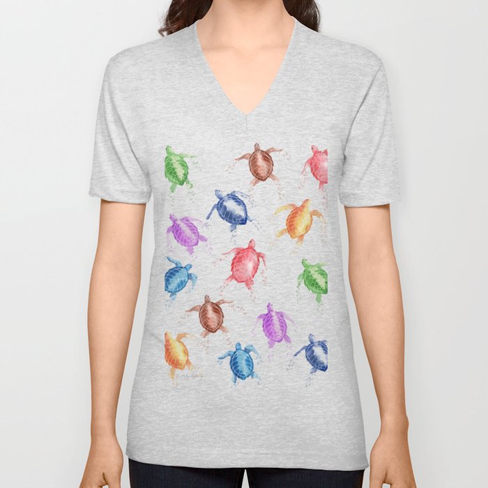 Sea Turtle Rainbow Colors  V Neck T Shirt