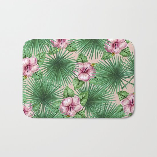 Jungle Love, Palm Leaves And Hibiscus Pink Bath Mat
