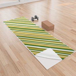 [ Thumbnail: Vibrant Green, Tan, Goldenrod, Dark Green & White Colored Pattern of Stripes Yoga Towel ]