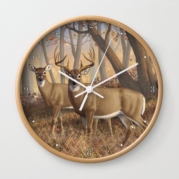 Whitetail Deer Trophy Buck and Doe in Autumn Wall Clock