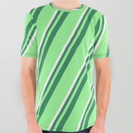 [ Thumbnail: Sea Green, Green, and White Colored Pattern of Stripes All Over Graphic Tee ]