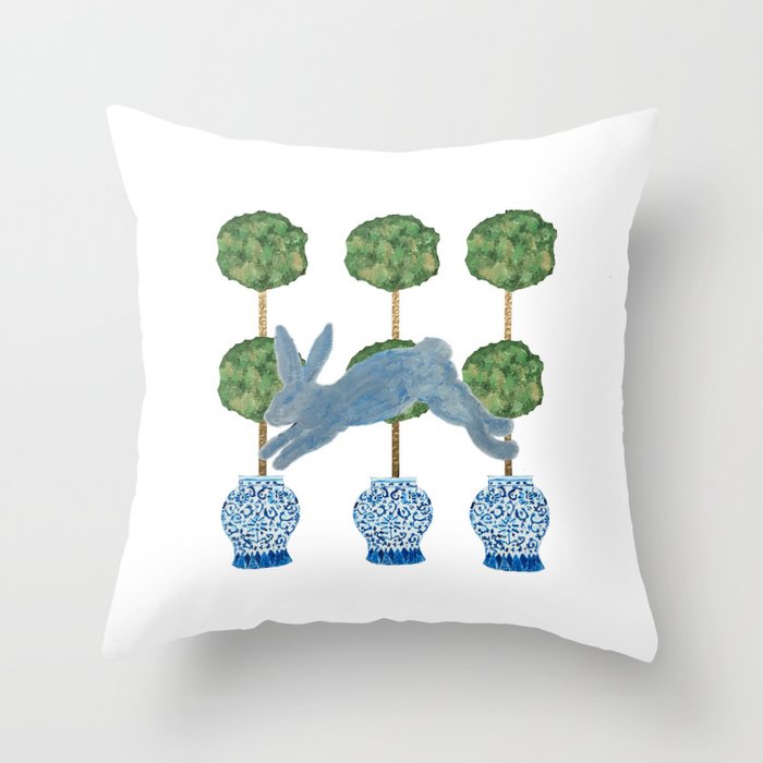 Topiary Country French Bunny Rabbit Ginger Jars Throw Pillow