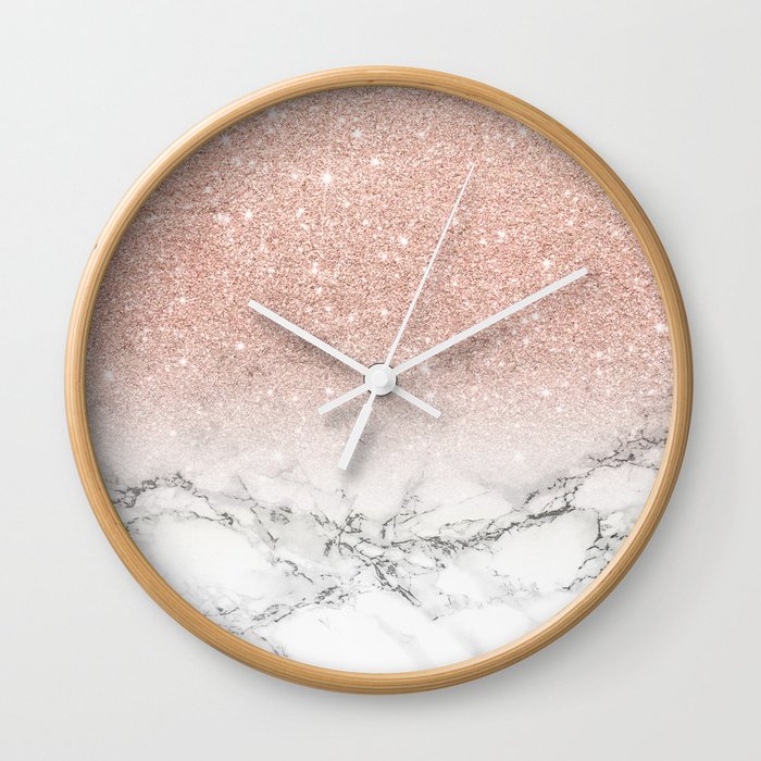 Modern Faux Rose Gold Pink Glitter Ombre White Marble Wall
