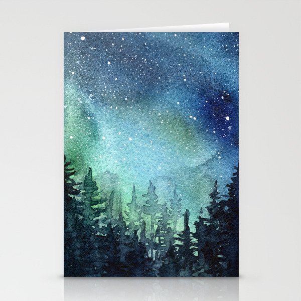Galaxy Watercolor Aurora Borealis Painting Stationery Cards