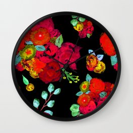 Watercolor Bouquet Floral in Black + Red Wall Clock