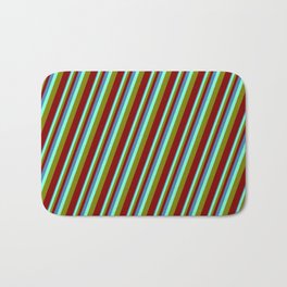 [ Thumbnail: Blue, Aquamarine, Green & Maroon Colored Stripes Pattern Bath Mat ]