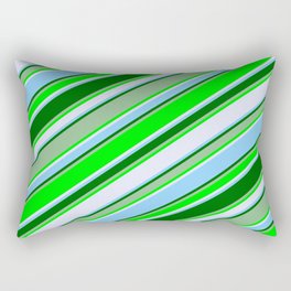 [ Thumbnail: Eye-catching Dark Sea Green, Lime, Lavender, Light Sky Blue, and Dark Green Colored Stripes Pattern Rectangular Pillow ]