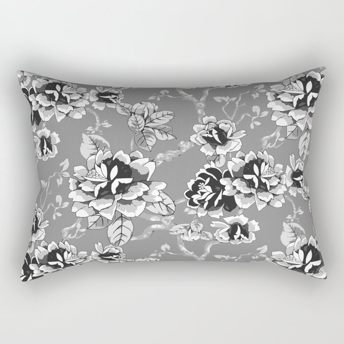Spring Flowers Pattern Black and White Rectangular Pillow