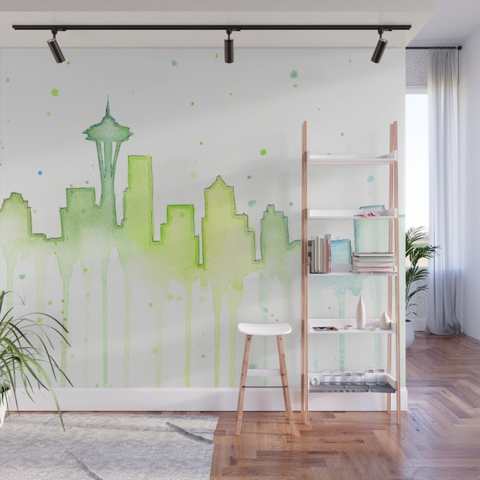 Seattle Skyline Watercolor Space Needle Painting Wall Mural By