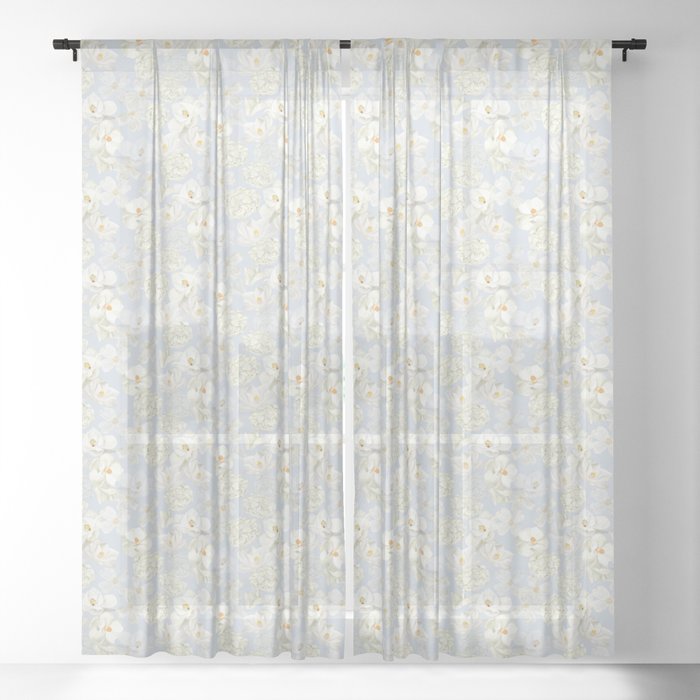 White Floral On Pale Blue Sheer Curtain By Dasbrooklyn Society6 Limited time sale easy return. white floral on pale blue sheer curtain by dasbrooklyn