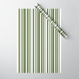[ Thumbnail: Dark Olive Green & White Colored Stripes Pattern Wrapping Paper ]