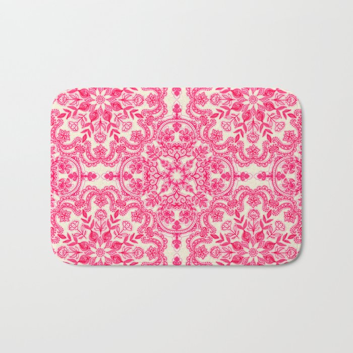 Hot Pink & Soft Cream Folk Art Pattern Bath Mat