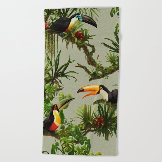 Toucans and Bromeliads (Canvas Background) Beach Towel