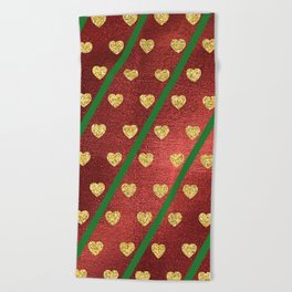 Gold Hearts on a Red Shiny Background with Green Diagonal Lines  Beach Towel