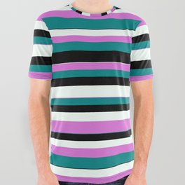 [ Thumbnail: Orchid, Teal, Black, and Mint Cream Colored Striped/Lined Pattern All Over Graphic Tee ]