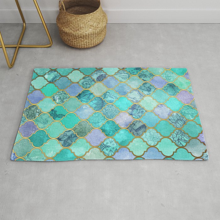Cool Jade & Icy Mint Decorative Moroccan Tile Pattern Rug
