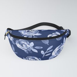 Hand painted navy blue white watercolor floral roses pattern Fanny Pack