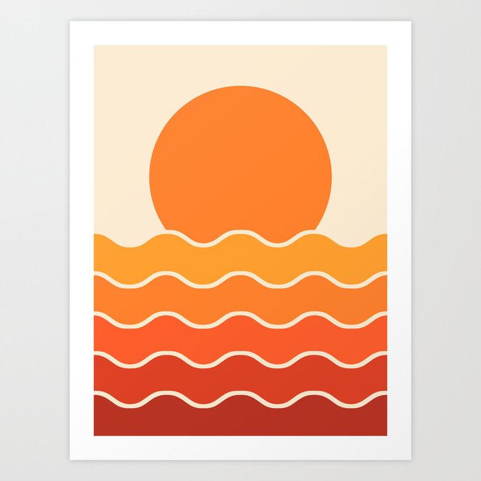 Retro Sunset and Waves Art Print