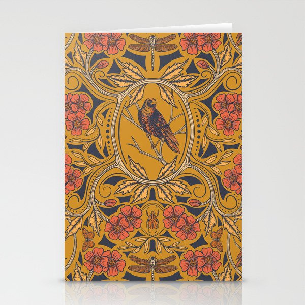 Warm Mustard Yellow & Orange Crow & Dragonfly Floral Stationery Cards
