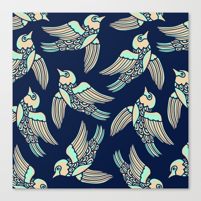 BIRDS FLYING HIGHER in MINT AND SAND ON DARK BLUE Canvas Print