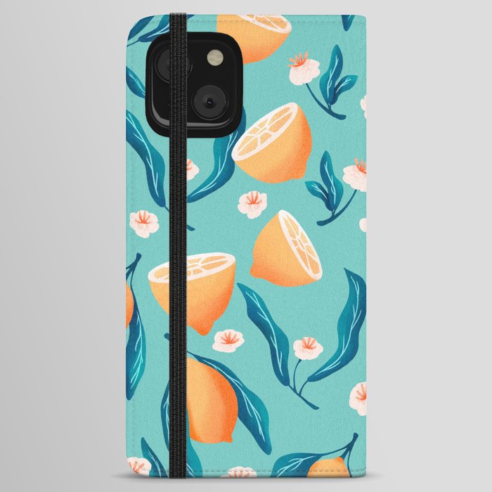 Seamless pattern with hand drawn lemons on blue background iPhone Wallet Case