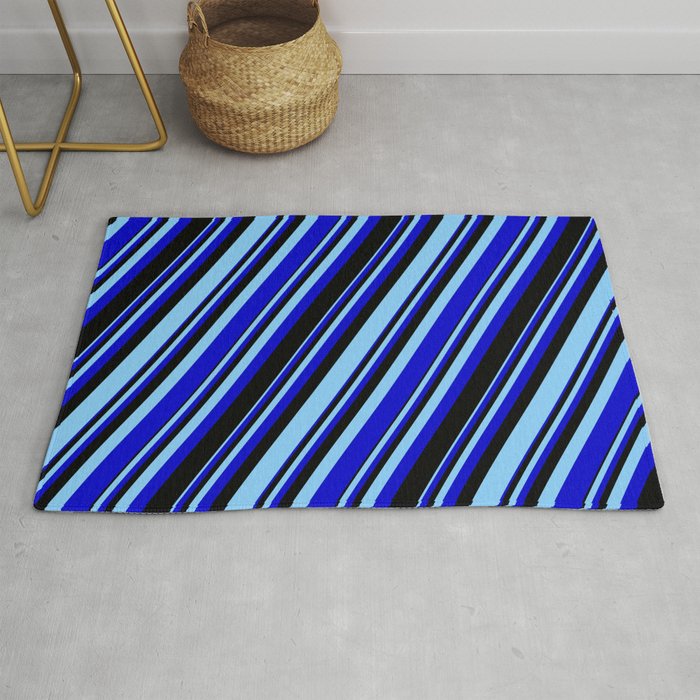 Light Sky Blue, Blue & Black Colored Stripes/Lines Pattern Rug