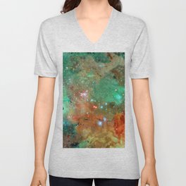 Colorful Cosmos | Teal & Dark Red V Neck T Shirt