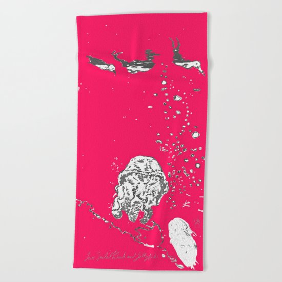 Two Tailed Duck and Jellyfish Bright Red Pink Beach Towel