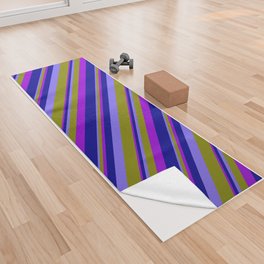 [ Thumbnail: Green, Medium Slate Blue, Dark Blue, and Dark Violet Colored Pattern of Stripes Yoga Towel ]
