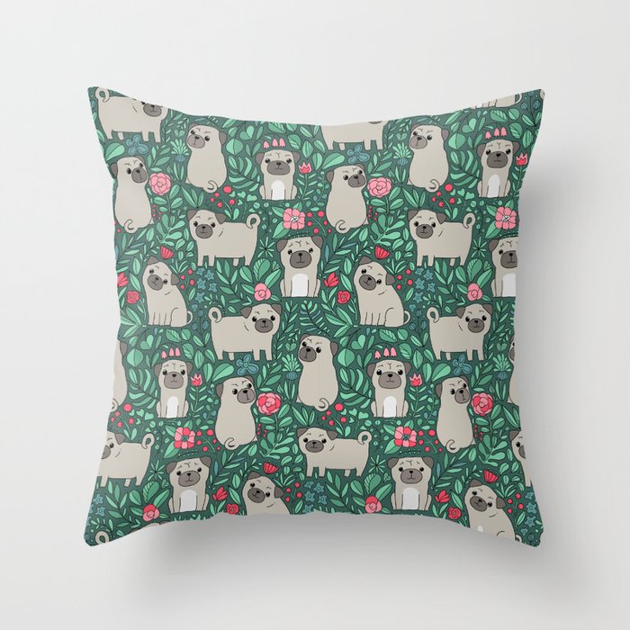 Pugs and summer flowers Throw Pillow