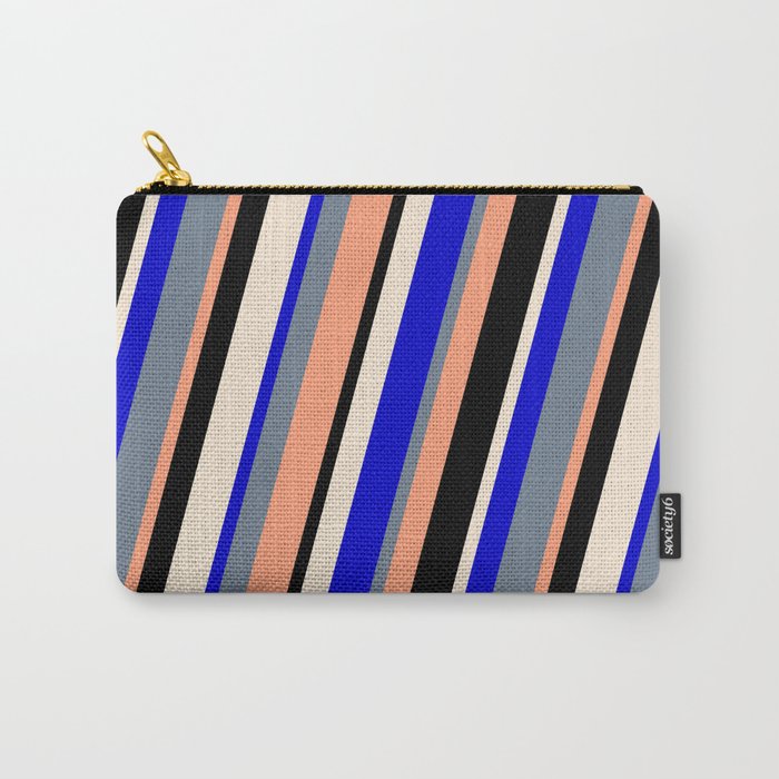 Colorful Blue, Slate Gray, Light Salmon, Black, and Beige Colored Lined/Striped Pattern Carry-All Pouch