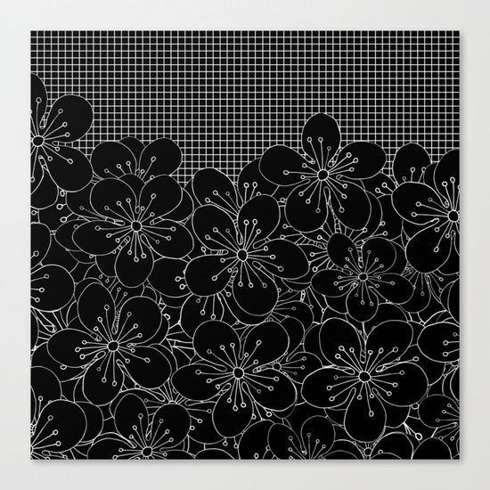 Cherry Blossom Grid Black Canvas Print