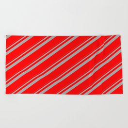 [ Thumbnail: Dark Grey and Red Colored Lined Pattern Beach Towel ]