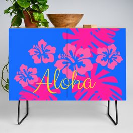 Aloha! with Lush Bright Pink Tropical Leaves, Flowers, and Blue Skies  Credenza