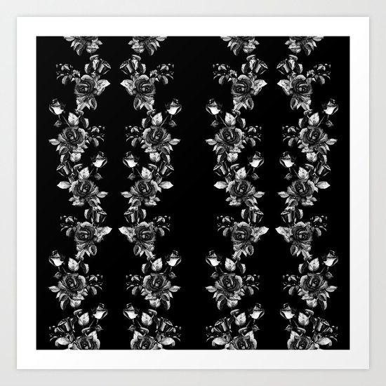 Simple Watercolor Roses With Tendrils Seamless Pattern Black White On Black Art Print By Gxp Design Society6