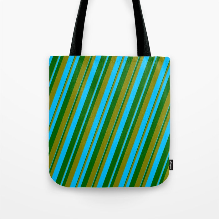 Dark Green, Green, and Deep Sky Blue Colored Lined Pattern Tote Bag