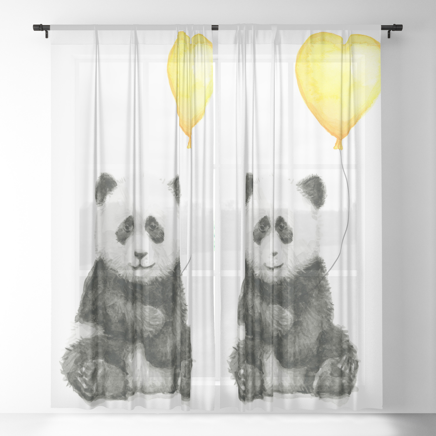 Panda With Yellow Balloon Baby Animal Watercolor Nursery Art Sheer