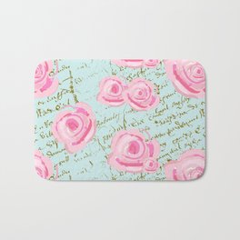 Pink  Roes and French Script Bath Mat | Watercolor, Painting, Frenchscript, Pattern, Pinkroses, Digital, Shabbychic, Typography 