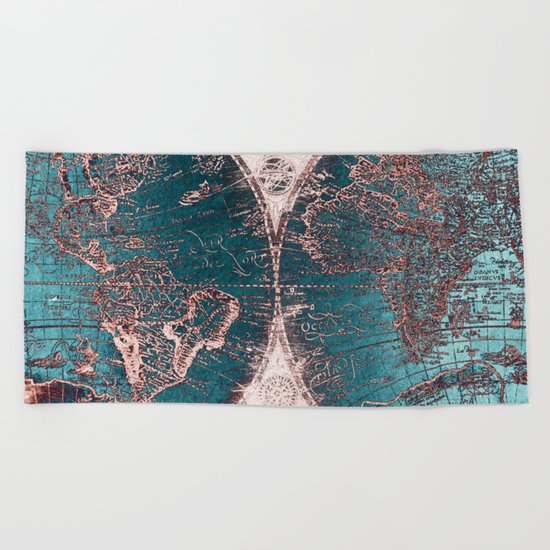 Antique World Map Pink Quartz Teal Blue by Nature Magick Beach Towel