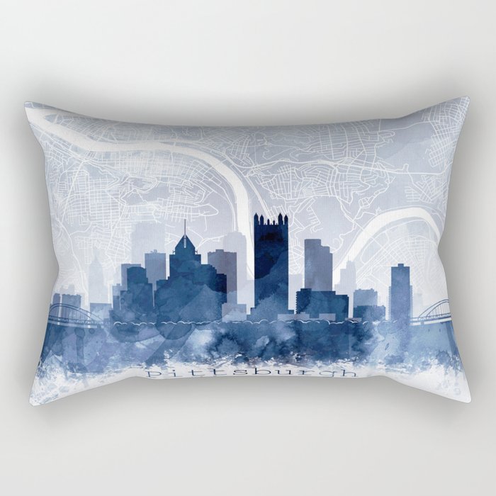 Pittsburgh Skyline Map Watercolor Navy Blue, Print by Zouzounio Art Rectangular Pillow
