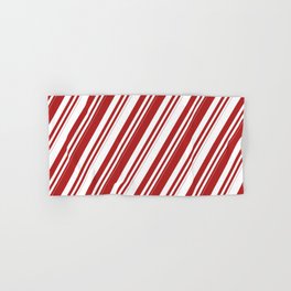 [ Thumbnail: Red and White Colored Lines/Stripes Pattern Hand & Bath Towel ]