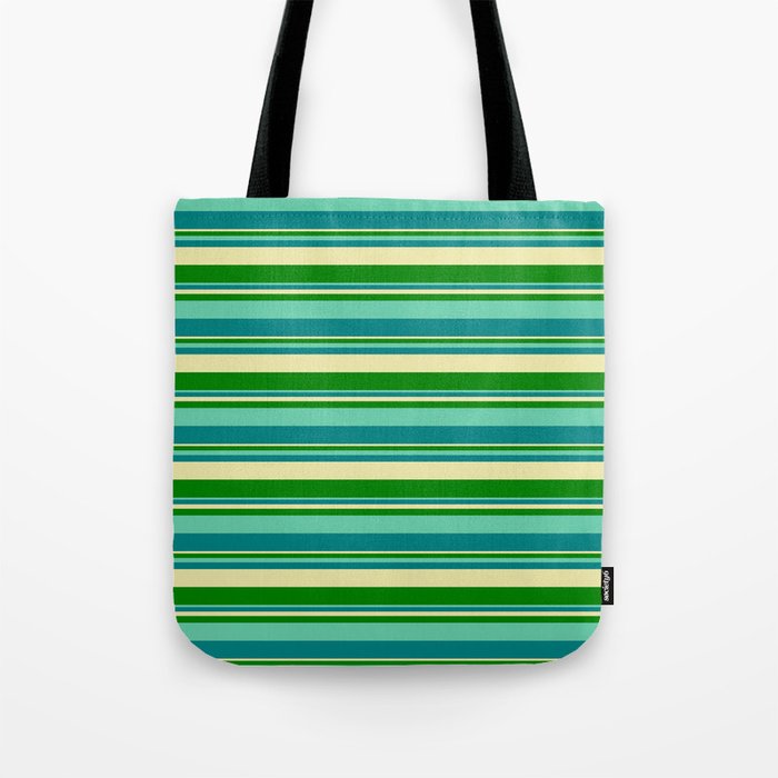 Aquamarine, Teal, Pale Goldenrod, and Green Colored Striped Pattern Tote Bag