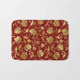 Shiny gold and burgundy red floral damasks pattern Bath Mat