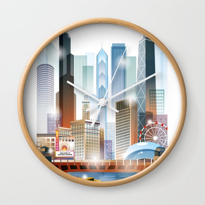 Chicago City Skyline Painting Wall Clock By Uniquedrawing Society6