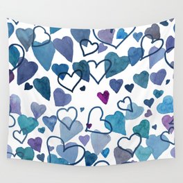 Watercolour Hearts Blue Wall Tapestry