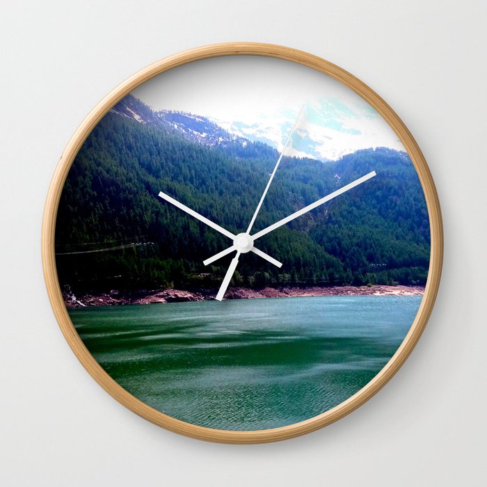 Nature Landscape Green Lake, Mountain, and Trees Wall Clock