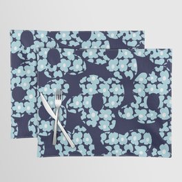 Mini Baby Blue Retro Flowers On Large Dark Blue Retro Flowers #decor #society6 #buyart Placemat