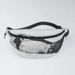 Tricks aren't for kids, silly rabbit; youn woman on plush bed in bunny ears black and white female photograph - photography - photographs Fanny Pack