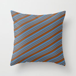 [ Thumbnail: Blue & Brown Colored Lined/Striped Pattern Throw Pillow ]